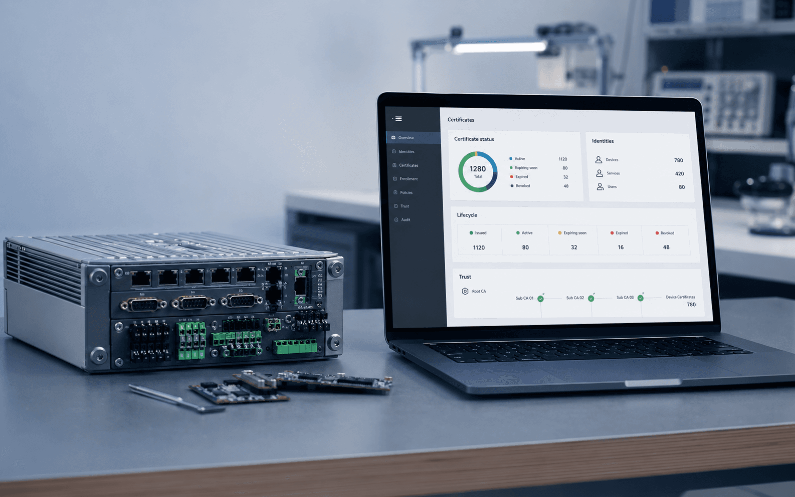 Laptop mit PKI Management Software und Steuergerät